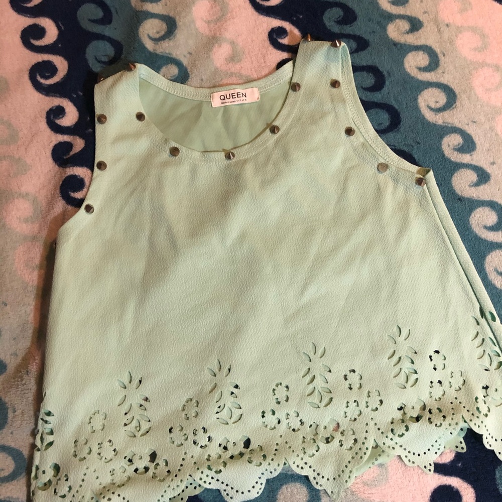 Teal tee with floral and studded detailing